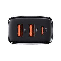 Baseus kompakt gyorstöltő, 2xUSB, USB-C, PD, 3A, 30 W (fekete)