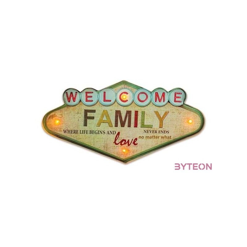 FOREVER LIGHT RETRO metál LED dekorációs lámpa WELCOME FAMILY, USB, 5V, falra akasztható