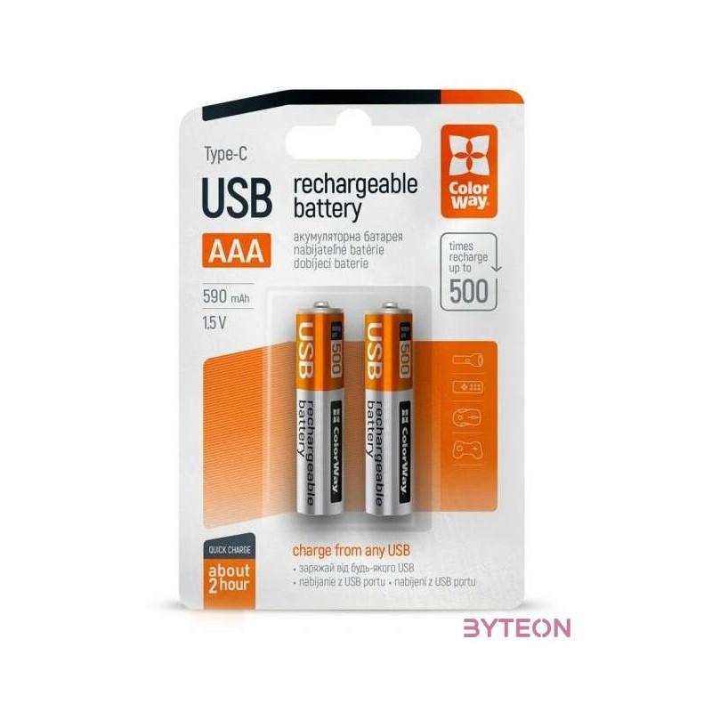 COLORWAY AAA újratölhető elem, USB-C 590 mAh 1.5B (Li-Polymer) (2pc.)
