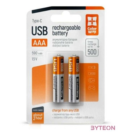 COLORWAY AAA újratölhető elem, USB-C 590 mAh 1.5B (Li-Polymer) (2pc.)