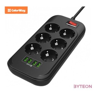 COLORWAY Hálózati elosztó, CW-CHE64B, 6 dugalj, 4xUSB, 2m, fekete