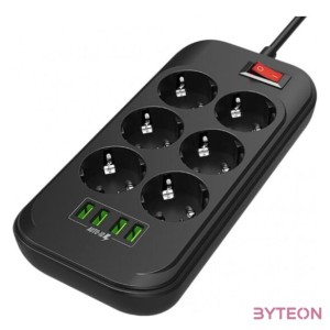 COLORWAY Hálózati elosztó, CW-CHE64B, 6 dugalj, 4xUSB, 2m, fekete