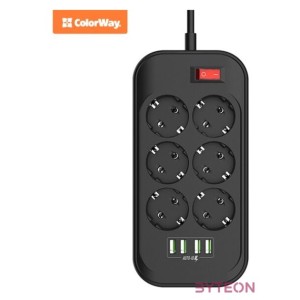 COLORWAY Hálózati elosztó, CW-CHE64B, 6 dugalj, 4xUSB, 2m, fekete