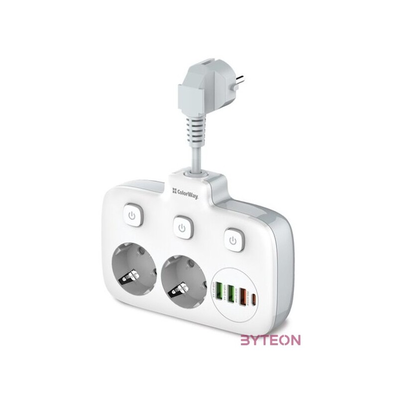 COLORWAY Hálózati elosztó, CW-CHE24PDW, 2 dugalj, 3xUSB-A, 1xUSB-C 2m, fekete