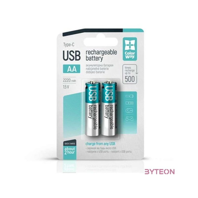 COLORWAY AA újratölhető elem, USB-C 2200 mAh 1.5B (Li-Polymer) (2pc.) (CW-UBAA-10)