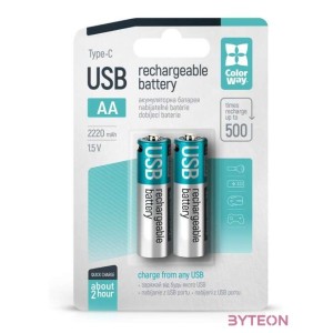 COLORWAY AA újratölhető elem, USB-C 2200 mAh 1.5B (Li-Polymer) (2pc.) (CW-UBAA-10)