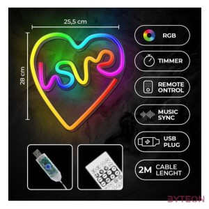 FOREVER LIGHT Neon LED dekorációs RGB lámpa LOVE in HEART, USB, távirányító, MUSIC SYNC, szabályozható, TIMER