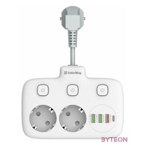 COLORWAY Hálózati elosztó, CW-CHE24PDW, 2 dugalj, 3xUSB-A, 1xUSB-C 2m, fekete