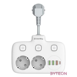 COLORWAY Hálózati elosztó, CW-CHE24PDW, 2 dugalj, 3xUSB-A, 1xUSB-C 2m, fekete