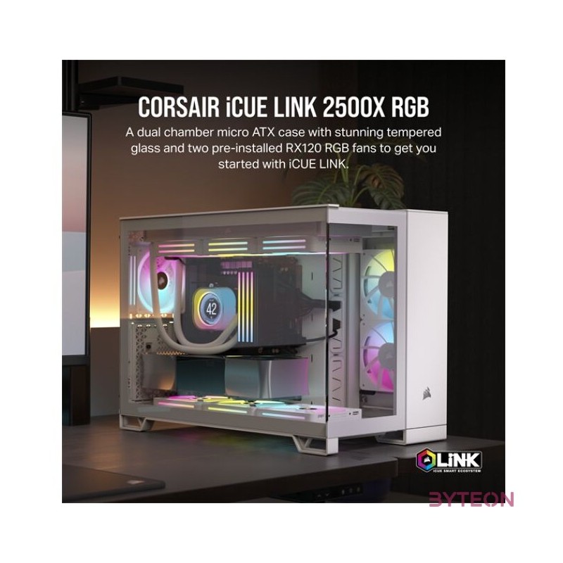 CORSAIR Ház iCUE LINK 2500X RGB Dual Chamber, 2xRX120 RGB Ventilátor, Tápegység nélkül, Edzett Üveg, fehér