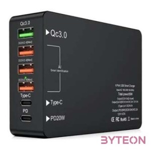 BLACKBIRD Dokkoló Töltőállomás 65W 4xUSB  1xType-C  1xPD 20W, Fekete