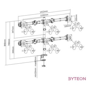 SBOX LCD-352,6 Asztali 6-os monitor tartó konzol, dönthető, forgatható, 13-27, 100x100, max 8 kg