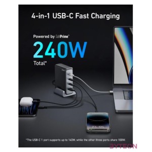 ANKER Hálózati Töltő, 749, 4 portos, 240W, 3xUSB-C, USB-A, EU, fekete - A2342311