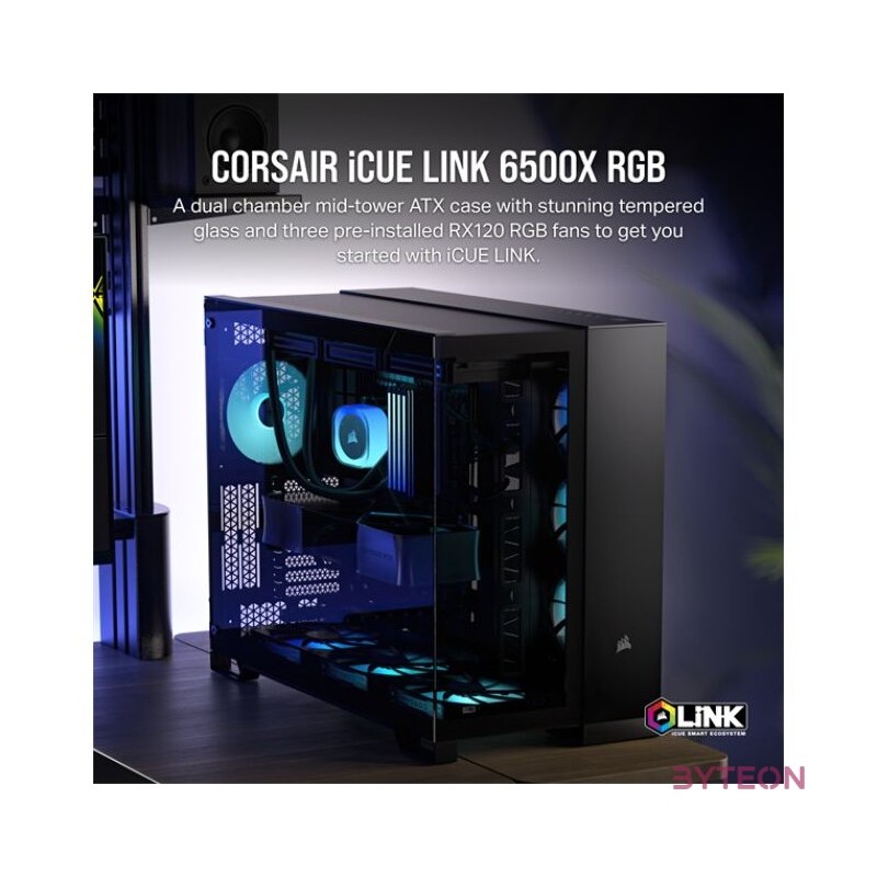 CORSAIR Ház iCUE LINK 6500X RGB, 3x iCUE LINK RX120 RGB Ventilátor, Tápegység nélkül, Edzett Üveg, fekete