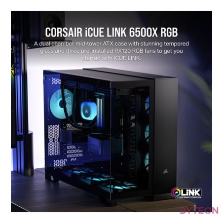 CORSAIR Ház iCUE LINK 6500X RGB, 3x iCUE LINK RX120 RGB Ventilátor, Tápegység nélkül, Edzett Üveg, fekete