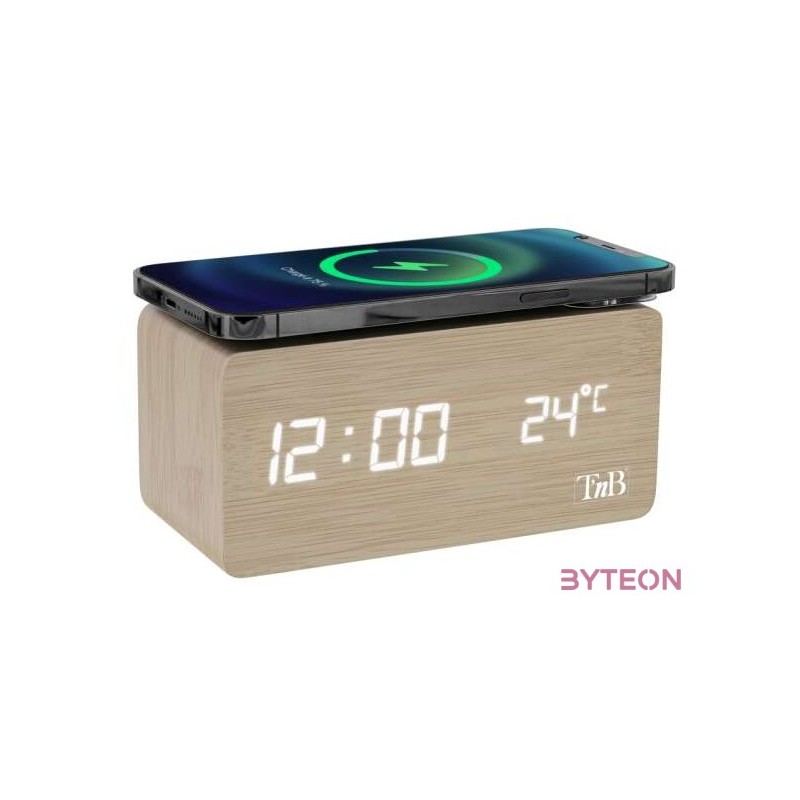 TNB JOY fa borítású, LED kijelzős ébresztőóra vezetéknélküli töltővel