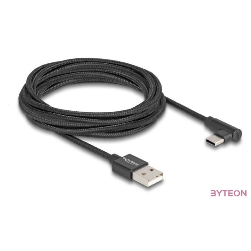 Delock USB 2.0 kábel A-típusú csatlakozódugó - USB Type-C csatlakozódugó, ívelt, 3 m, fekete