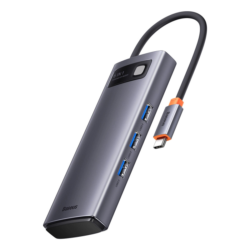 Baseus Metal Gleam Series 6 az 1-ben hub elosztó, USB-C - 3x USB 3.0 + USB-C PD +  microSD/SD