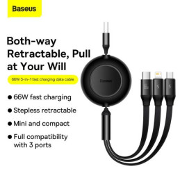 Baseus Bright Mirror 3, 3 az 1-ben Mikro USB / Lightning / USB-C kábel, 66W / 2A, 1.1 m (fekete)