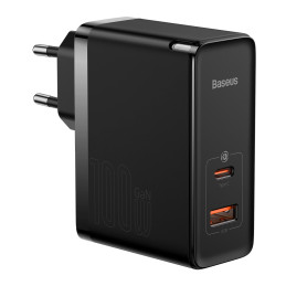 Baseus GaN USB-C + USB fali töltő, 100W + 1m kábel (fekete)