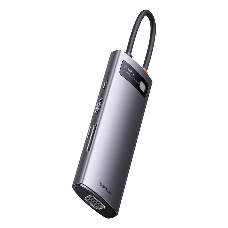 Baseus Metal Gleam Series 8 az 1-ben hub, USB-C - 3x USB 3.0 + HDMI + USB-C PD + microSD/SD + VGA