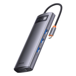 Baseus Metal Gleam Series 8 az 1-ben hub, USB-C - 3x USB 3.0 + HDMI + USB-C PD + microSD/SD + VGA