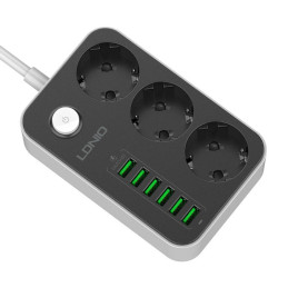 Power strip with 3 AC sockets, 6x USB, LDNIO SE3631, 1.6m (black)