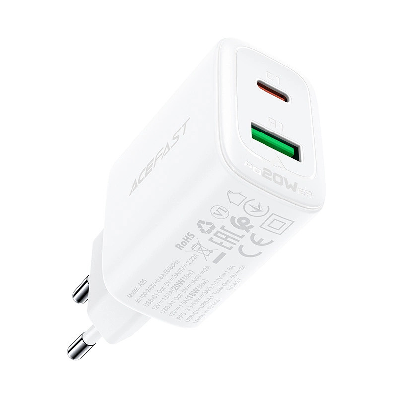 Wall Charger Acefast A25, USB + USB-C, PD 20W (white)