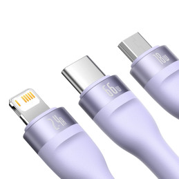 Baseus Flash II 3 az 1.ben USB töltőkábel, USB-C + micro USB + Lightning, 66W, 1.2m (lila)