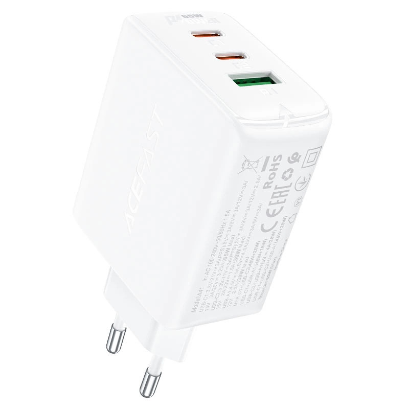 Acefast A41 wall charger, 2x USB-C + USB, GaN 65W (white)