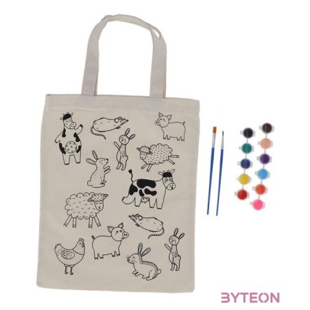 Kifesthető farm állatos vászon gyerek táska, festékkel és ecsettel, 29 x 30 cm