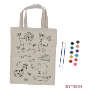 Kifesthető vadon élő állatos vászon gyerek táska, festékkel és ecsettel, 29 x 30 cm