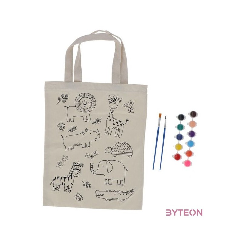 Kifesthető vadon élő állatos vászon gyerek táska, festékkel és ecsettel, 29 x 30 cm
