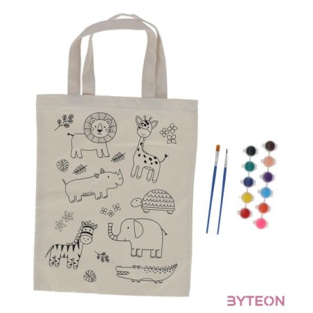 Kifesthető vadon élő állatos vászon gyerek táska, festékkel és ecsettel, 29 x 30 cm