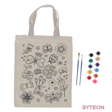 Kifesthető pillangós vászon gyerek táska, festékkel és ecsettel, 29 x 30 cm