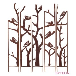 Rusztikus stílusú lézervágott fém növényfuttató, madár mintás, 170 cm, 5 db-os szett