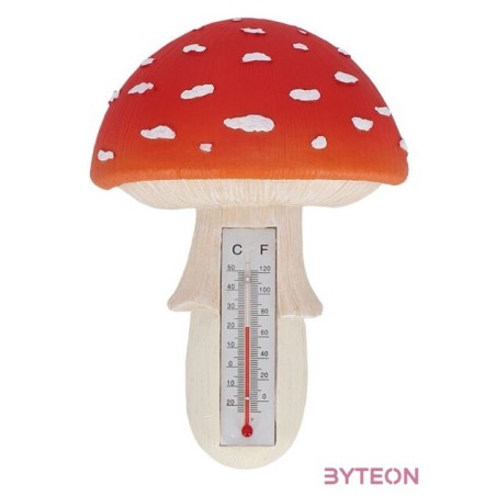 Felakasztható polyresin hőmérő, légyölő galócás, 17 cm