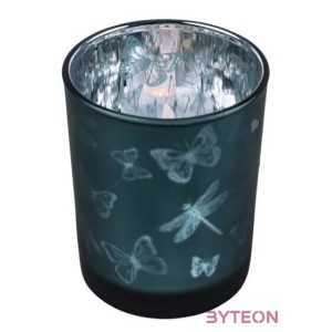 Üveg teamécses tartó, lepke és szitakötő sziluettel, petrol kék, 12 cm