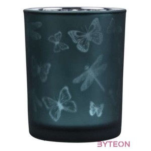 Üveg teamécses tartó, lepke és szitakötő sziluettel, petrol kék, 12 cm