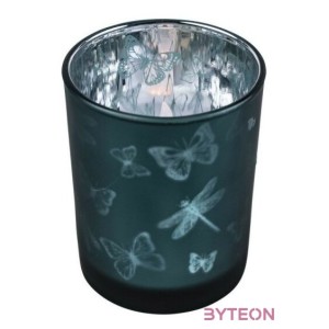 Üveg teamécses tartó, lepke és szitakötő sziluettel, petrol kék, 12 cm