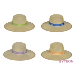 Színes szalagos szalmakalap, zöld, 39 cm átmérőjű