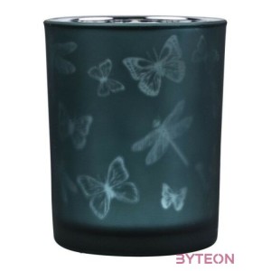 Üveg teamécses tartó, lepke és szitakötő sziluettel, petrol kék, 12 cm