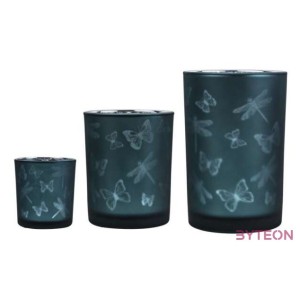 Üveg teamécses tartó, lepke és szitakötő sziluettel, petrol kék, 12 cm