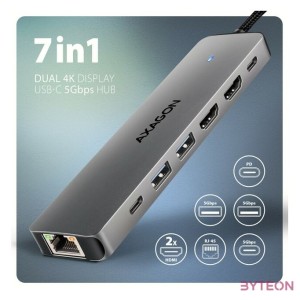 AXAGON HMC-7HX2 USB-C 5Gbps Dual 4K Display 7in1 Hub Aluminium