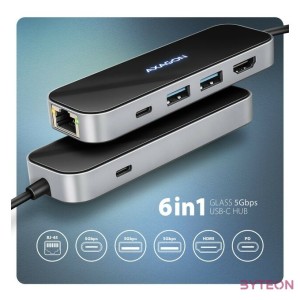 AXAGON HMC-6GLN USB-C 5Gbps Glass 6in1 hub Black
