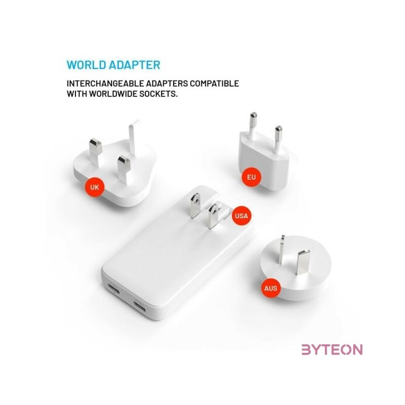 FIXED Slim Traveller 2xUSB-C utazási töltő világadapter GaN 45W, fehér