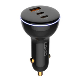 LDNIO C102 Car Charger, USB + 2x USB-C, 160W + USB to Lightning Cable (Black)