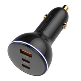 LDNIO C102 Car Charger, USB + 2x USB-C, 160W + USB to Lightning Cable (Black)