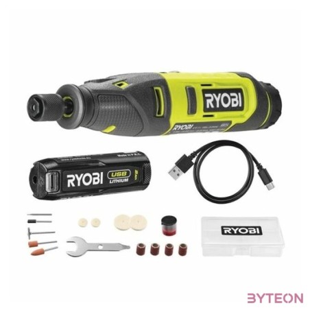 Ryobi 4V USB Lithium magasfordulatszámú mikrogép, 15x tartozék, 1x 2,0Ah akkumulátor, töltő - RRT4-120GA15