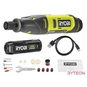 Ryobi 4V USB Lithium magasfordulatszámú mikrogép, 15x tartozék, 1x 2,0Ah akkumulátor, töltő - RRT4-120GA15